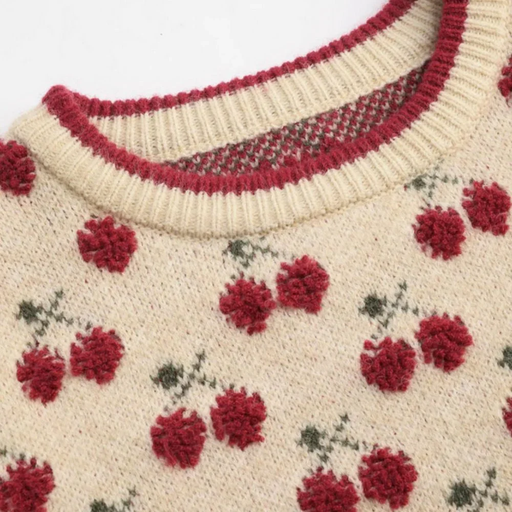 Cider Contrasting Binding Cherry Pattern Knitted Crop Top - Picture 5 of 7